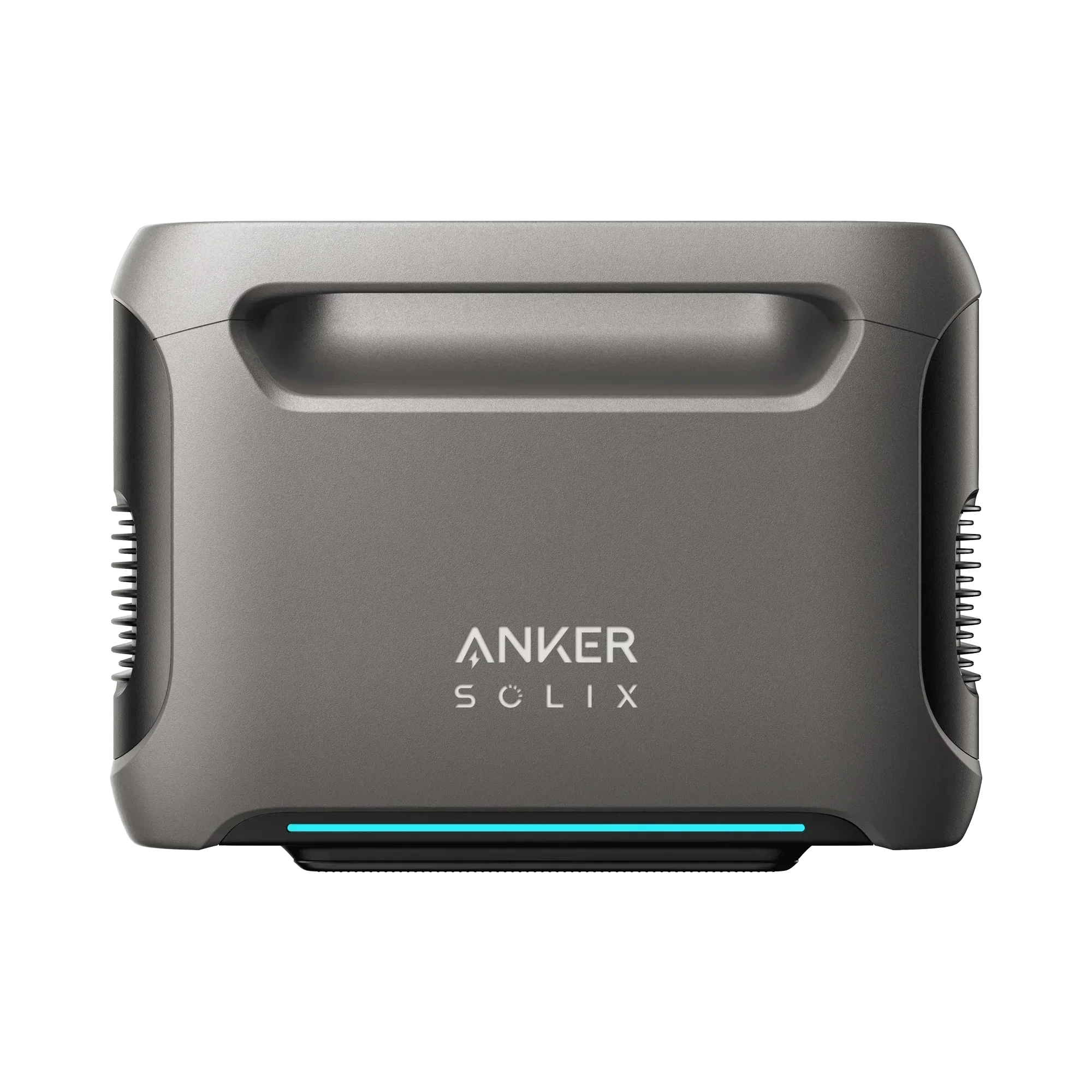 Anker Solix portable inverter front view in gray with handle and blue LED strip