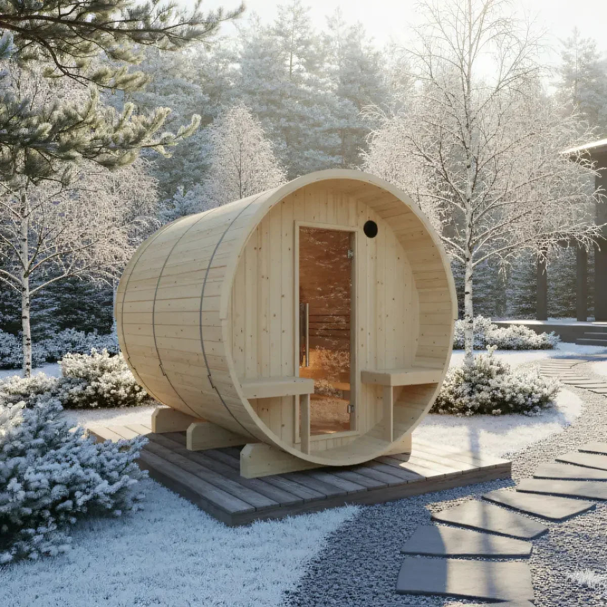 Turku Finnish Barrel Sauna with Terrace and WiFi Heater - Finnish Sauna Builders - Green Vista Living