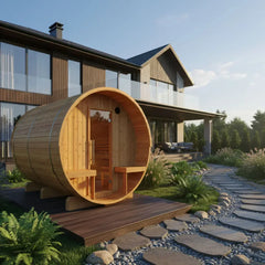 Turku Finnish Barrel Sauna with Terrace and WiFi Heater - Finnish Sauna Builders - Green Vista Living