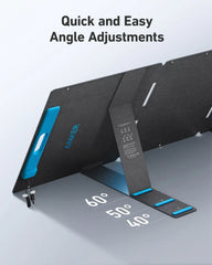 Anker portable solar panel showing adjustable kickstand for 60, 50, and 40 degree angles