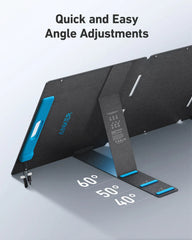 Anker solar panel adjustable stand with 60, 50, 40 degree angle settings, black and blue design.