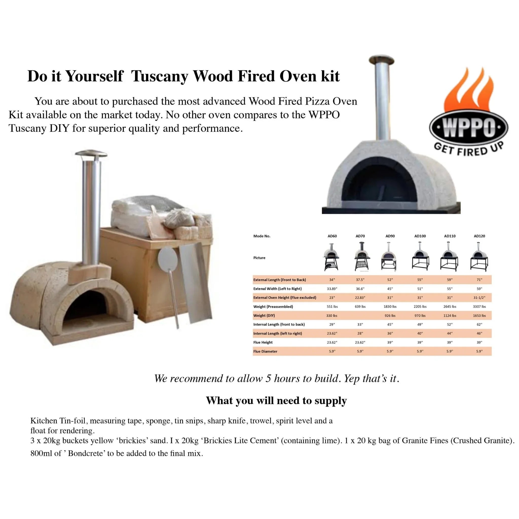 WPPO Do It Yourself (DIY) Wood Fired Oven Tuscany Kit 100 (55D x 52W x 31H) - Green Vista Living