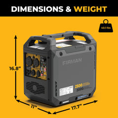 FIRMAN Power Equipment Inverter Gas Portable Generator 2500/2000W Recoil Start with Power Cord and CO ALERT