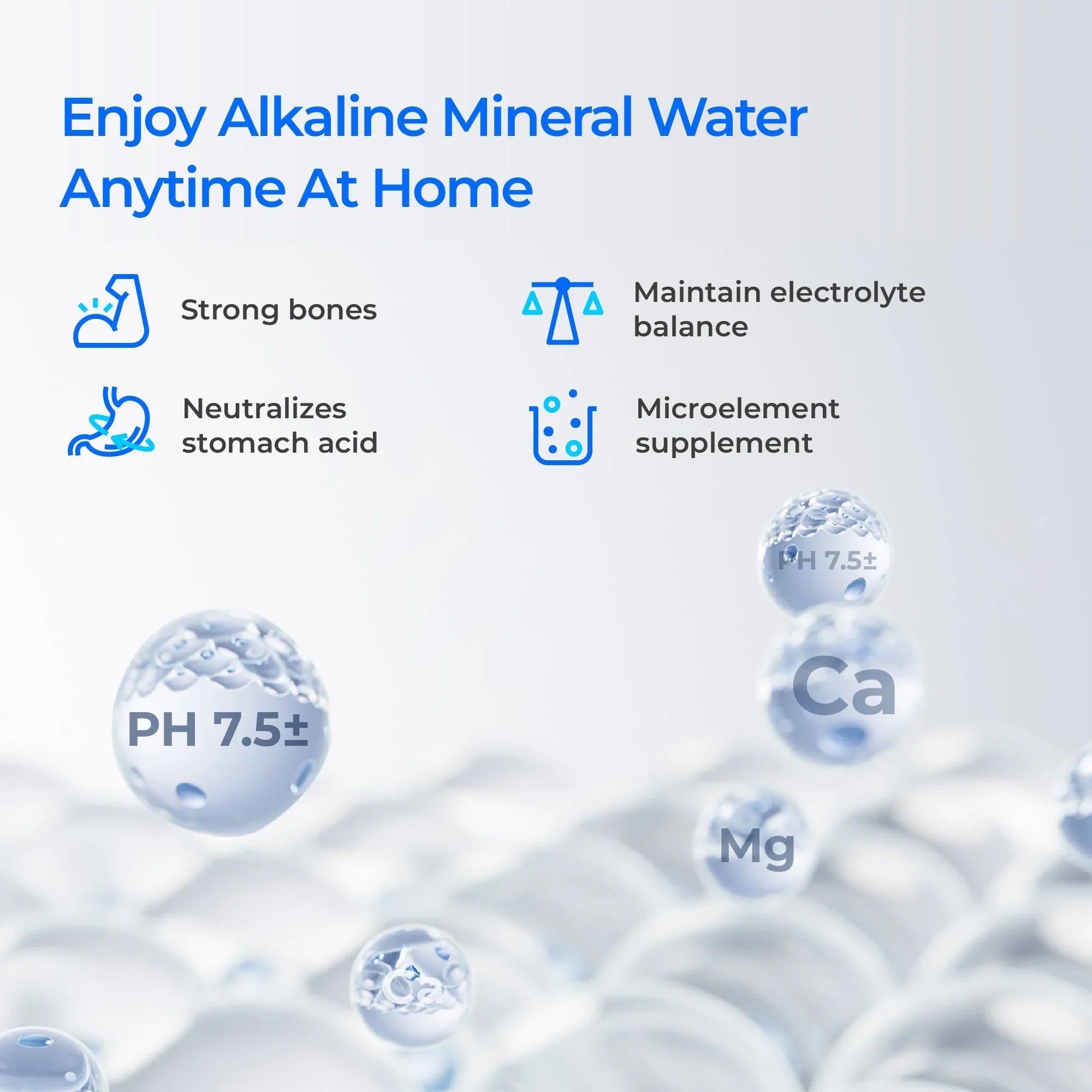 Alkaline mineral water benefits infographic with pH 7.5, calcium, magnesium icons, and health claims.