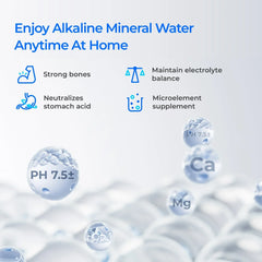 Alkaline mineral water benefits infographic with pH 7.5, calcium, magnesium icons, and health claims.
