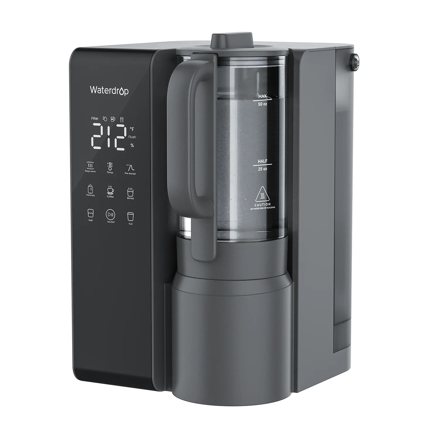 Waterdrop WD-M1 black countertop hot water dispenser with digital display and glass kettle