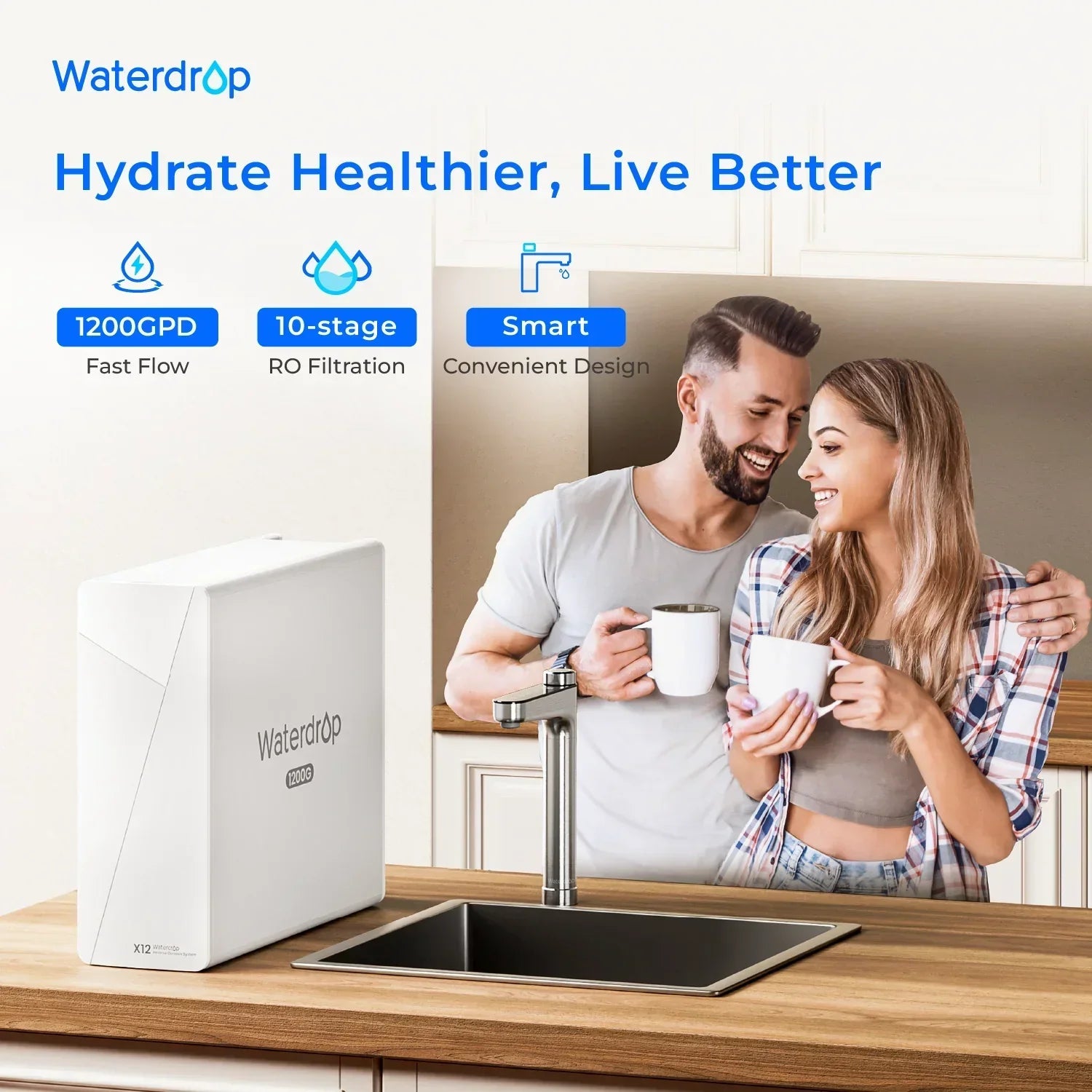 Waterdrop X12 reverse osmosis system on kitchen counter, couple smiling by faucet