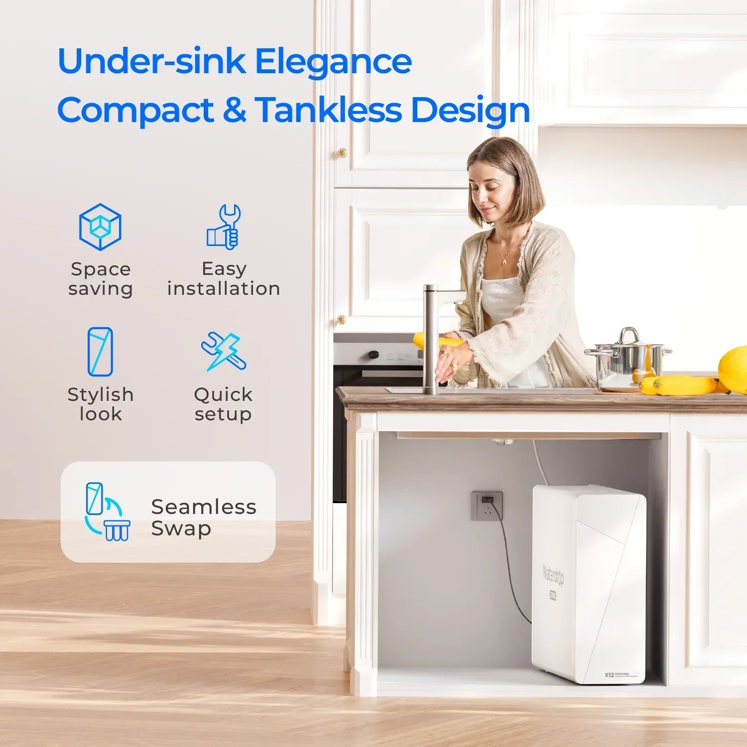 Waterdrop X12 under-sink tankless water filtration system with woman washing produce at modern kitchen sink