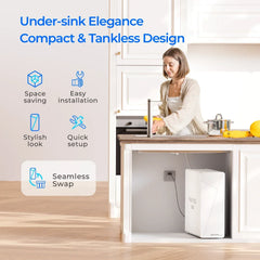 Waterdrop X12 under-sink tankless water filtration system with woman washing produce at modern kitchen sink