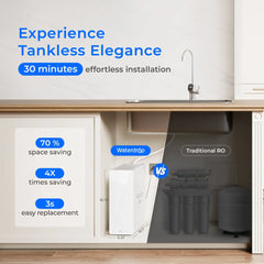Waterdrop tankless RO system compactly installed under kitchen sink, compared to bulky traditional RO filter.