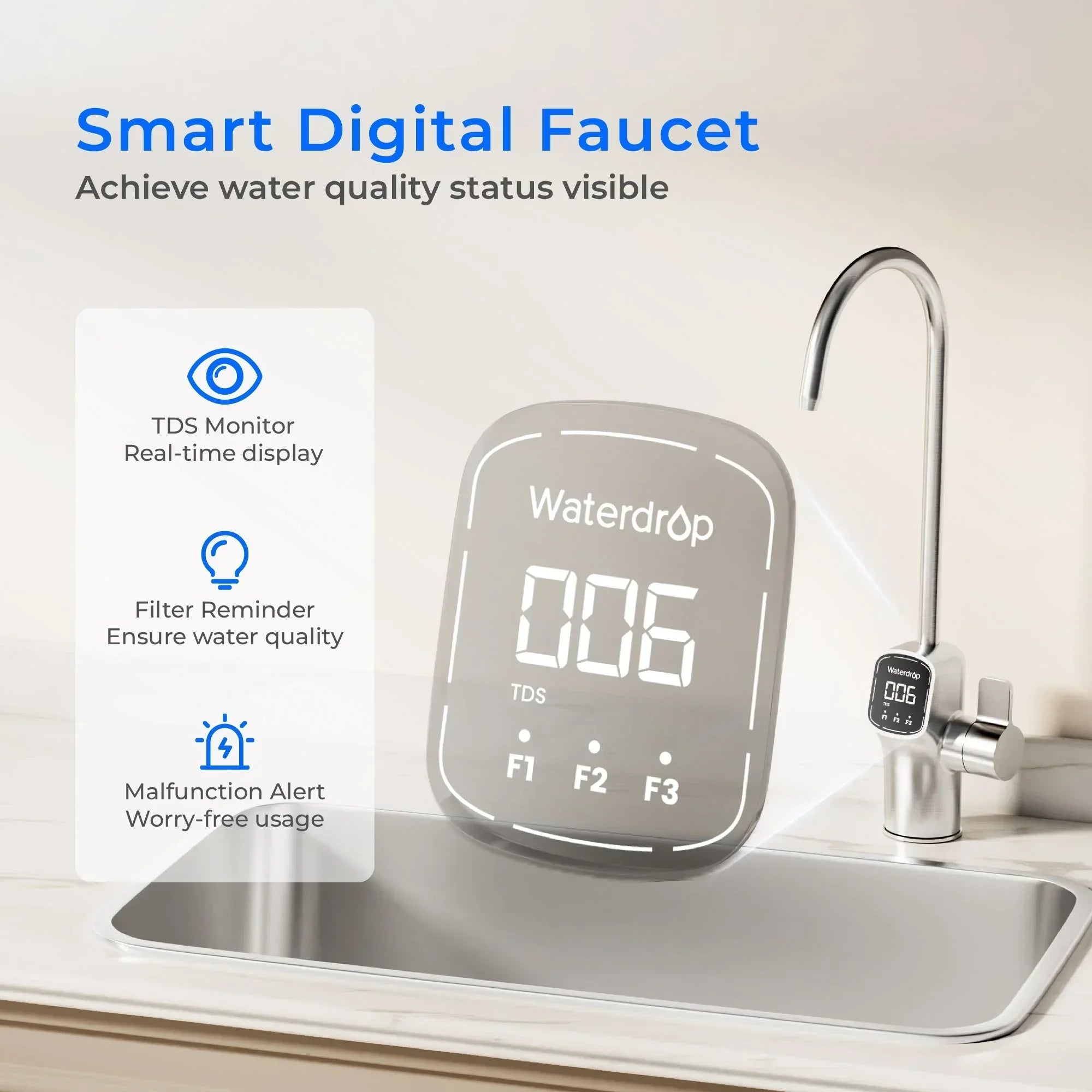 Waterdrop smart digital faucet with TDS monitor and touch display installed on kitchen sink