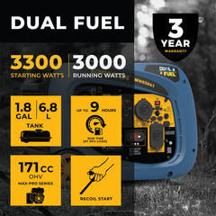 FIRMAN Power Equipment Dual Fuel Inverter Portable Generator 3300W Recoil Start