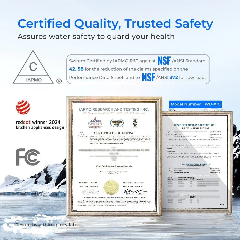 WD-X10 water conditioner certification documents, IAPMO, NSF, FCC, Red Dot Award logos