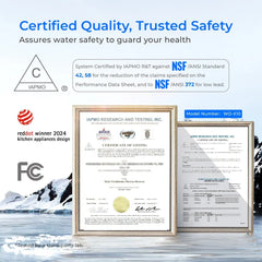 WD-X10 water conditioner certification documents, IAPMO, NSF, FCC, Red Dot Award logos