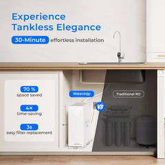 Waterdrop tankless reverse osmosis system vs traditional RO under kitchen sink, showing space-saving design