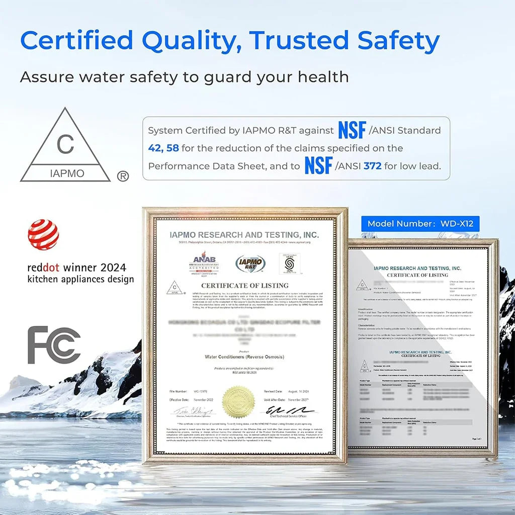 WD-X12 NSF certified water filter certificates, IAPMO, FCC, Red Dot winner logos, mountain background.