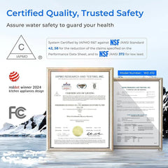 WD-X12 NSF certified water filter certificates, IAPMO, FCC, Red Dot winner logos, mountain background.