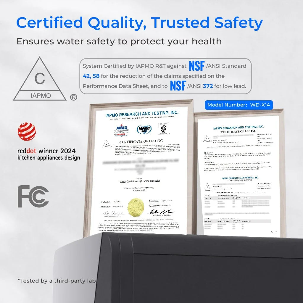 WD-X14 model water purifier certifications, IAPMO listed, NSF, FCC, Red Dot design award.