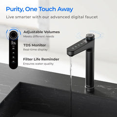 Waterdrop digital faucet with touch controls, TDS monitor, adjustable volumes, and filter life reminder, installed on a modern black countertop.