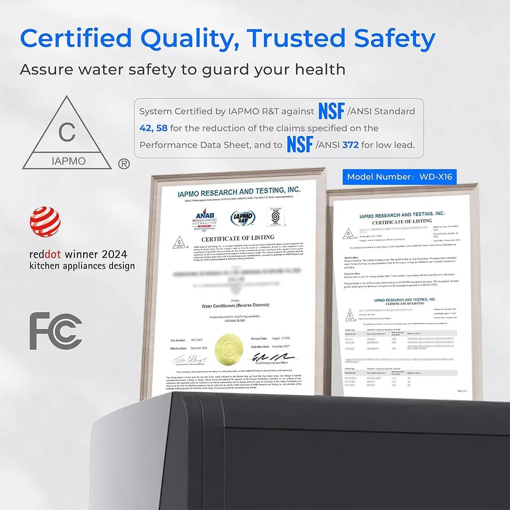 NSF certified water filter system WD-X16 with IAPMO listing certificates, FCC and Red Dot award logos