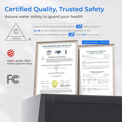 NSF certified water filter system WD-X16 with IAPMO listing certificates, FCC and Red Dot award logos