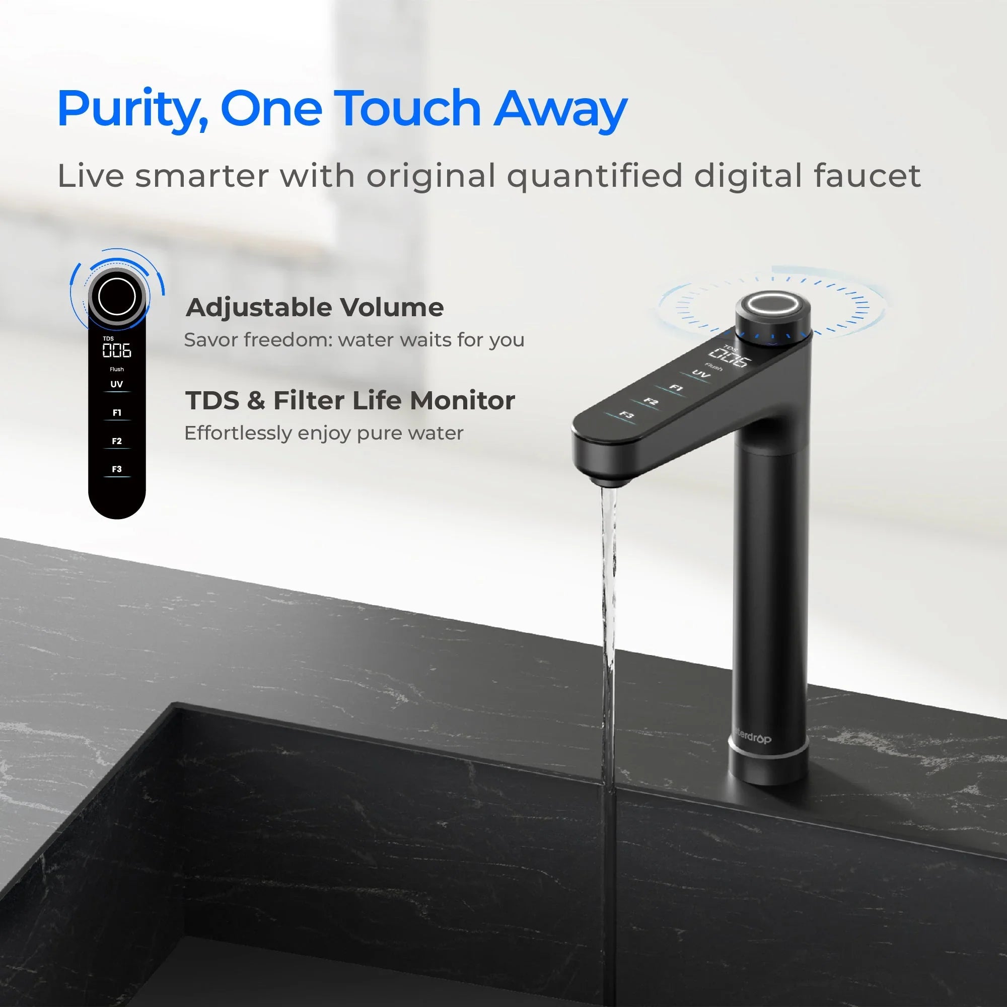 Waterdrop digital smart faucet with LED display installed on black countertop, running water