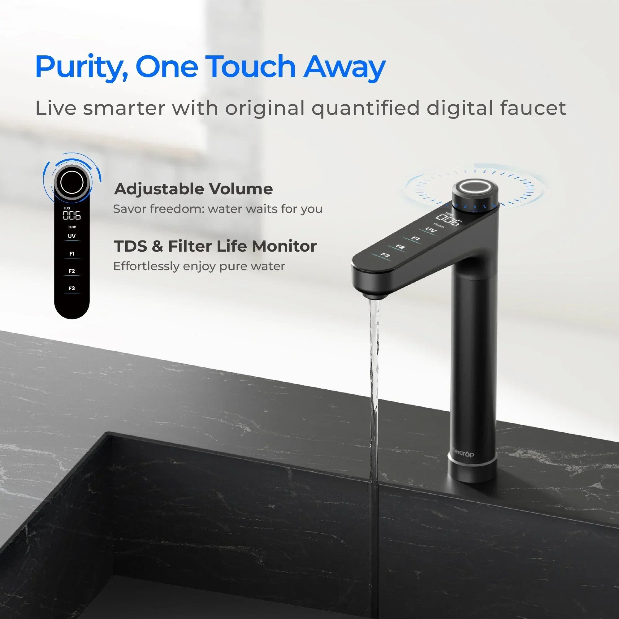 Waterdrop digital smart faucet with LED display installed on black countertop, running water