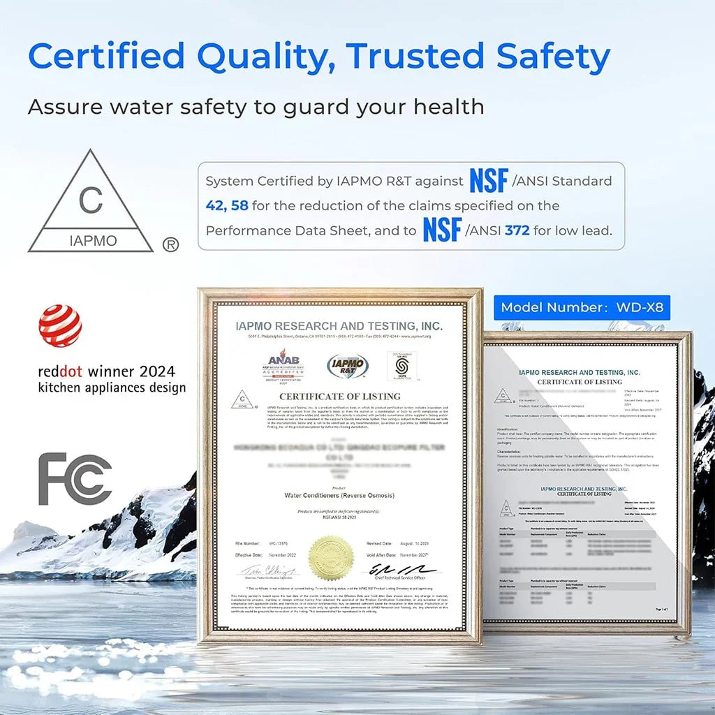 NSF certified water filter certificates, IAPMO seals, FCC mark, model WD-X8, snowy mountain background