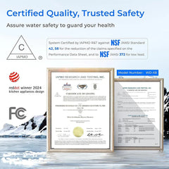 NSF certified water filter certificates, IAPMO seals, FCC mark, model WD-X8, snowy mountain background