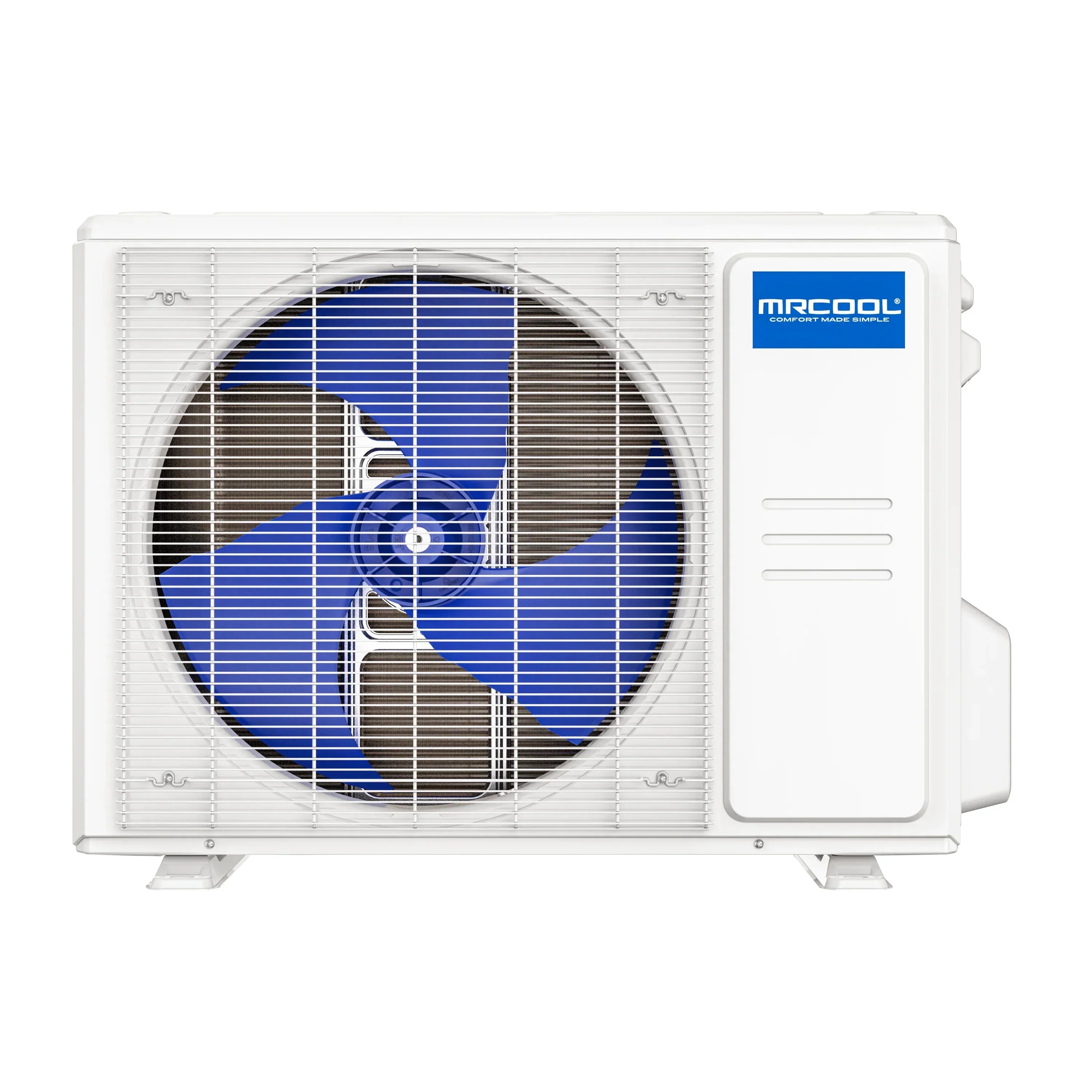 MRCOOL outdoor air conditioner inverter unit with large blue fan, white housing