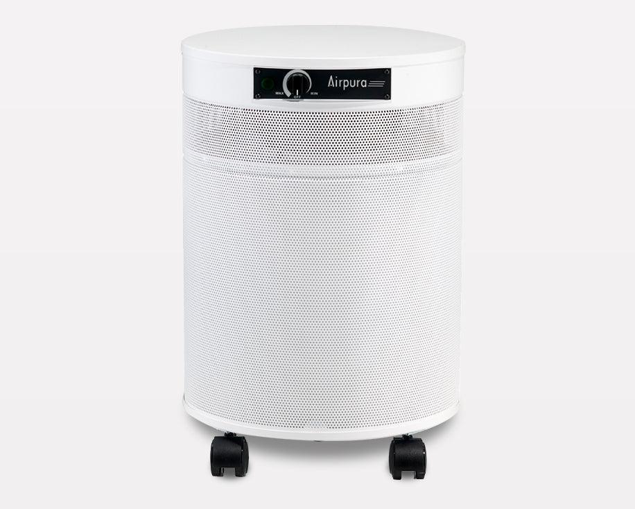 Airpura white air purifier with control panel and wheels, modern home appliance