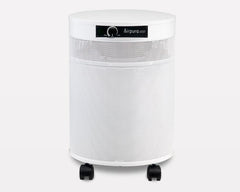 Airpura white air purifier with control panel and wheels, modern home appliance