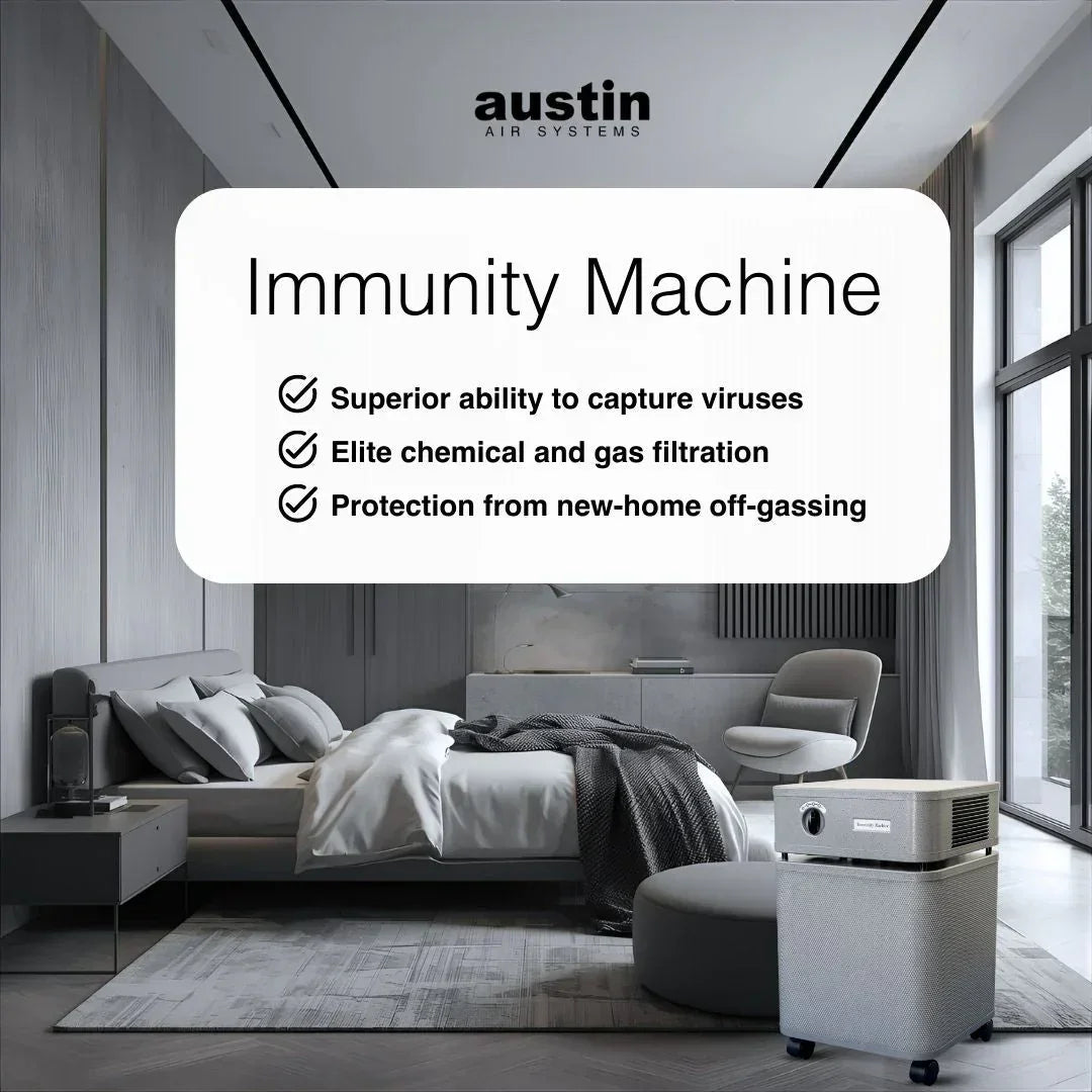 Austin Air Systems Immunity Machine air purifier in a modern bedroom, highlighting virus, chemical, and gas filtration.