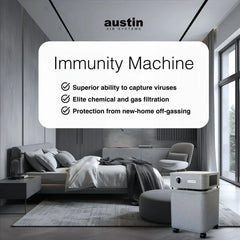 Austin Air Systems Immunity Machine air purifier in a modern bedroom, highlighting virus, chemical, and gas filtration.