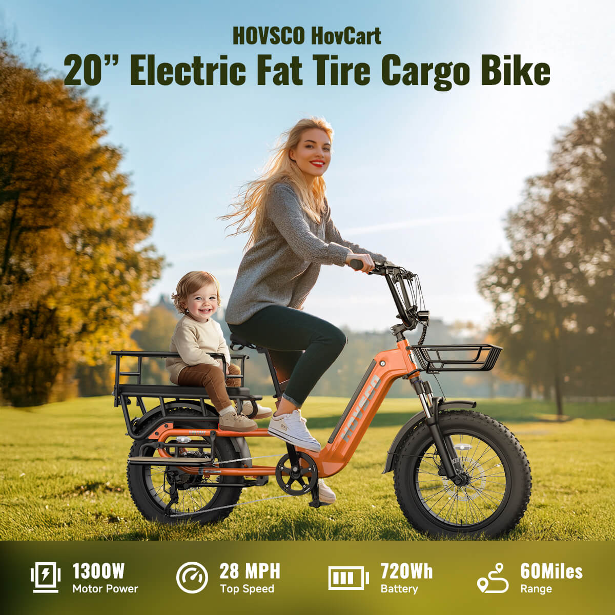HOVSCO HovCart 20“ Step-Thru Electric Fat Tire Cargo Bike - Green Vista Living