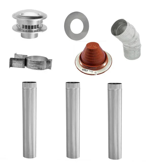 Ceiling vent kit with metal ducts, vent cap, pipe clamps, sealing ring, angle elbow, and flashing boot.