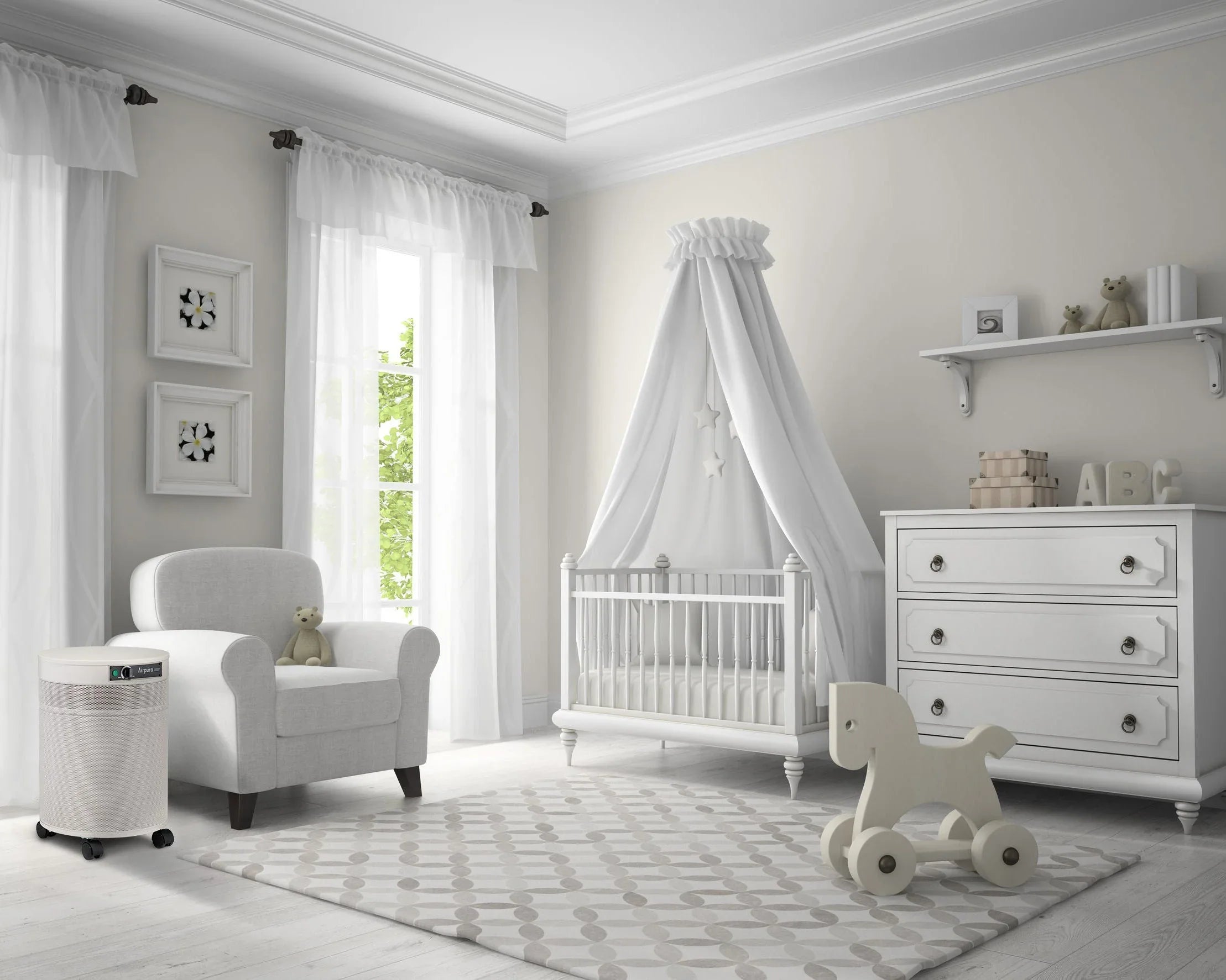 BreatheSmart air purifier in modern nursery with crib, armchair, and neutral decor