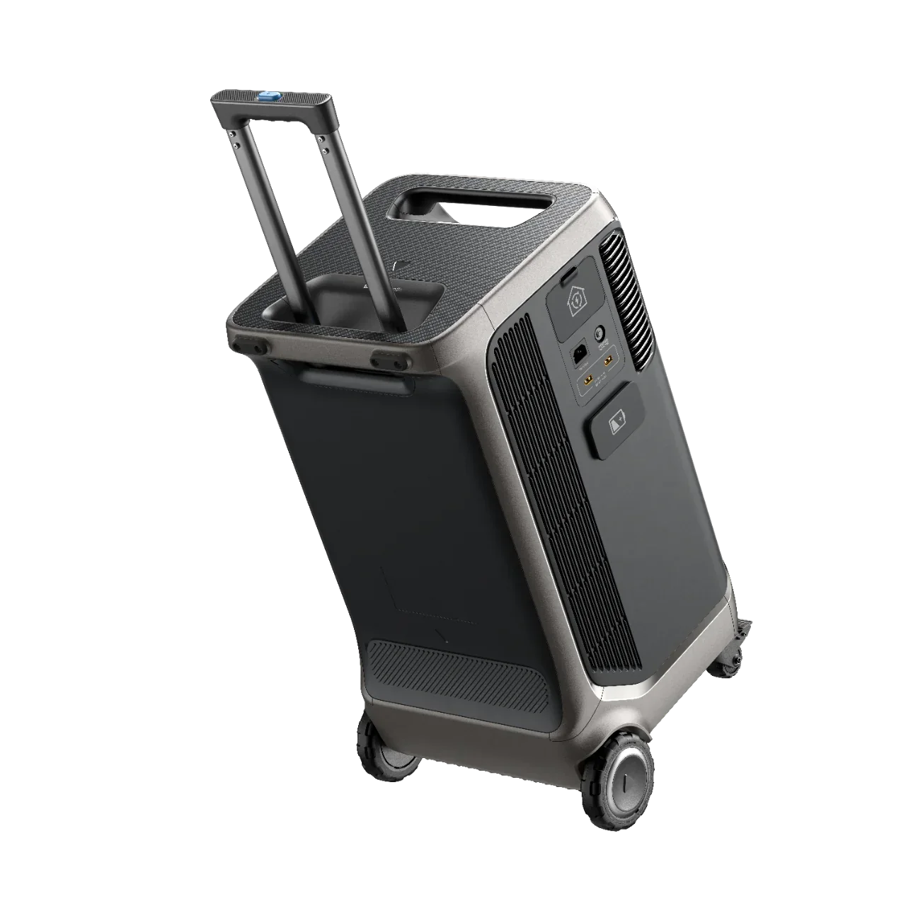 EcoFlow portable power station with wheels, telescopic handle, black and gray design
