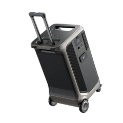EcoFlow portable power station with wheels, telescopic handle, black and gray design