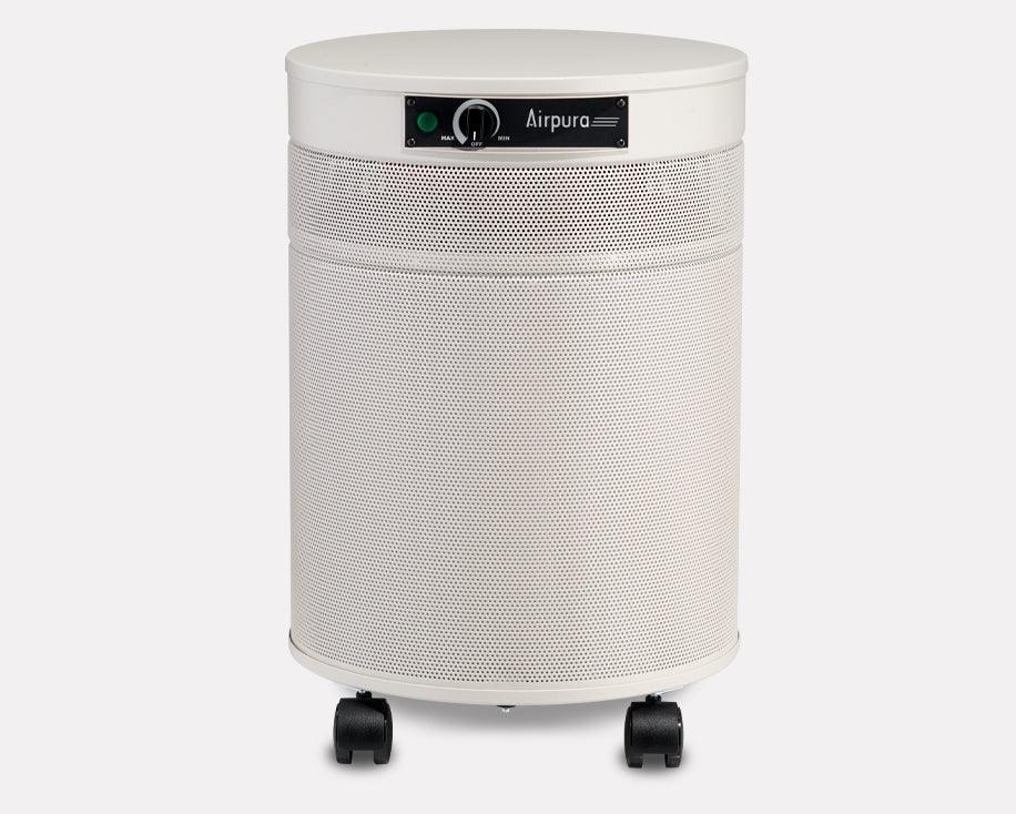 Airpura white cylindrical air purifier with control dial and wheels, indoor air cleaner