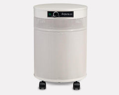 Airpura white cylindrical air purifier with control dial and wheels, indoor air cleaner