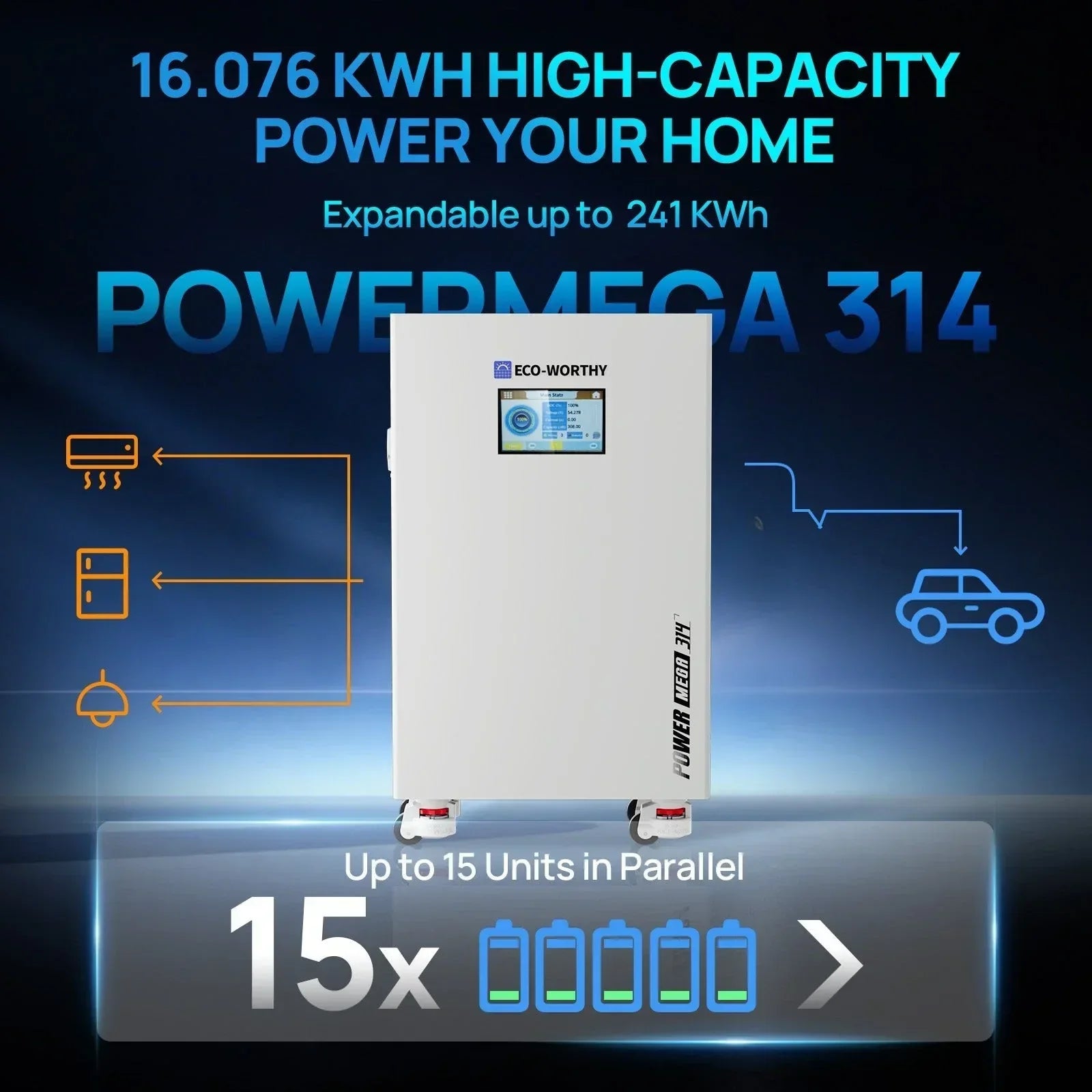 ECO-WORTHY PowerMega 314 | 51.2V 314Ah LiFePO4 Home Backup Battery with 5kW Inverter Eco-Worthy