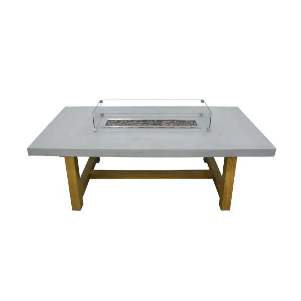 Elementi rectangular bar fire table with glass windscreen, grey top, wood base, no flame, on white background