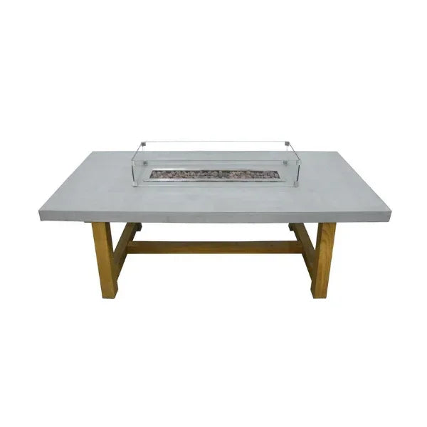 Elementi rectangular bar fire table with glass windscreen, grey top, wood base, no flame, on white background