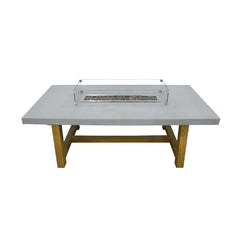 Elementi rectangular bar fire table with glass windscreen, grey top, wood base, no flame, on white background