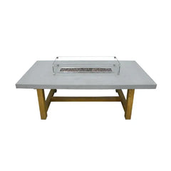 Elementi rectangular bar fire table with glass windscreen, grey top, wood base, no flame, on white background