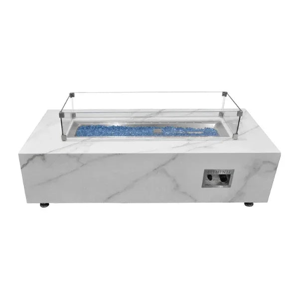 Elementi Carrara porcelain fire table with glass windscreen, blue fire glass, white background