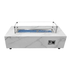 Elementi Carrara porcelain fire table with glass windscreen, blue fire glass, white background