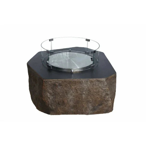 Elementi Columbia fire table with stainless steel lid and glass windscreen on white background