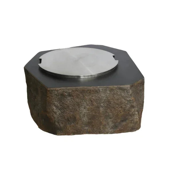 Elementi Columbia fire table with stainless steel lid, stone finish, on white background